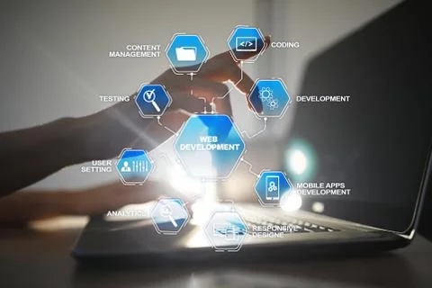 Web design and development concept on the virtual screen. Foto stock