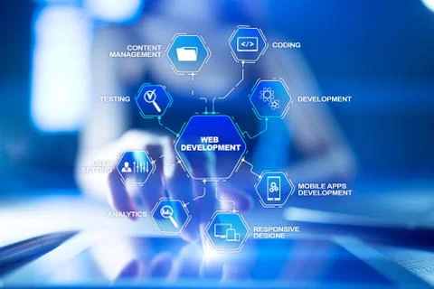 Web design and development concept on the virtual screen. Stock Photos