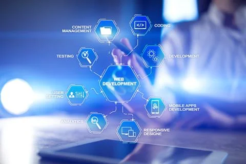 Web design and development concept on the virtual screen. Foto stock