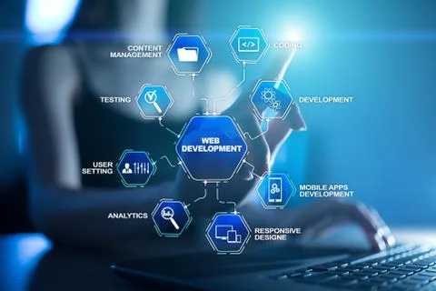 Web design and development concept on the virtual screen. Foto stock