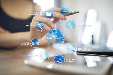 Web design and development concept on the virtual screen. Stock Photos