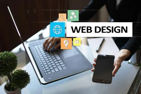 Web design and development concept on the virtual screen. Stock Photos