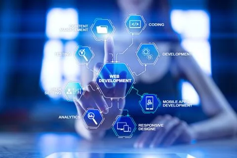 Web design and development concept on the virtual screen. Foto stock