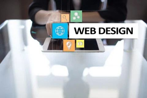 Web design and development concept on the virtual screen. Stock Photos