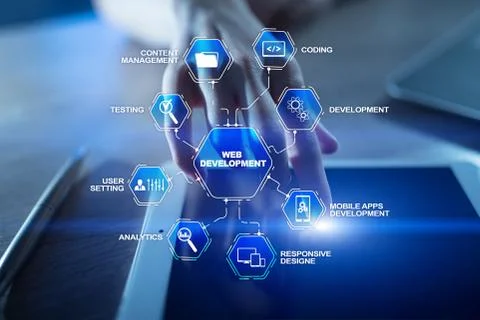 Web design and development concept on the virtual screen. Foto stock