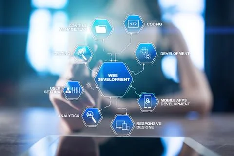 Web design and development concept on the virtual screen. Stock Photos