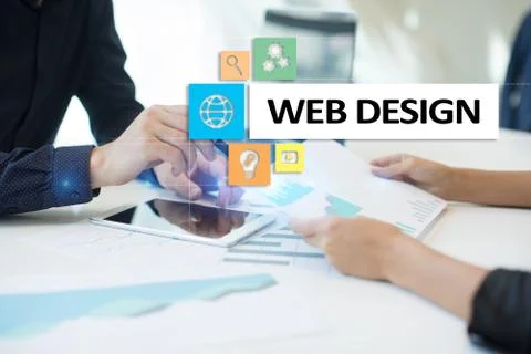Web design and development concept on the virtual screen. Foto stock