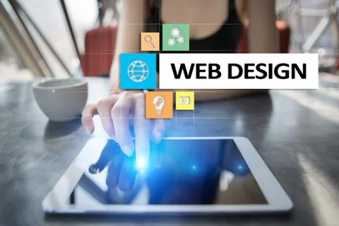Web design and development concept on the virtual screen. Foto stock