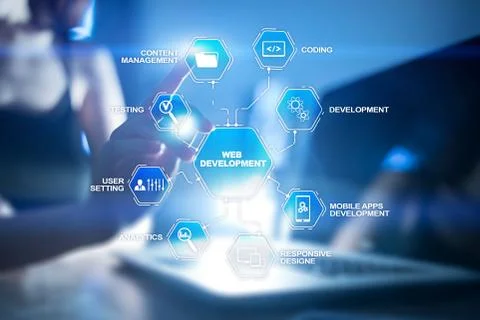 Web design and development concept on the virtual screen. Stock Photos