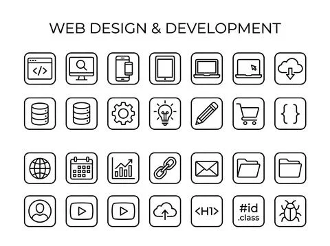 Web design and development icons set for digital services, coding, programm.. Stock Illustration