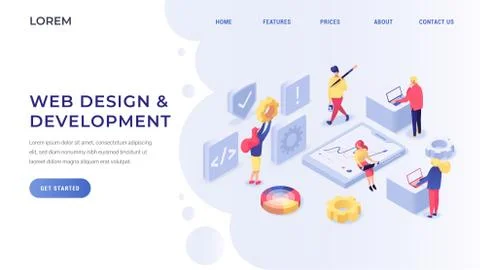 Web design and development isometric landing page Stock Illustration