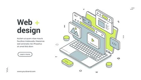 Web design and development isometric banner. Vector illustration template wit Stockillustratie