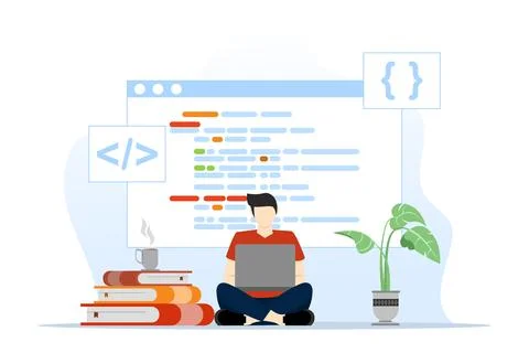 Web design and mobile app programmer working and coding for remote work Stockillustratie