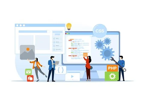 Web design and work mobile app programming as well as remote work coding Stock-Illustration
