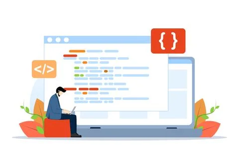 Web design and work mobile app programming as well as remote work coding Stock-Illustration