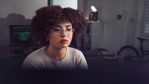 Web design, coding and woman reading on a computer for website software, it and Foto stock