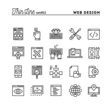 Web design, coding, responsive, app development and more, thin line icons set Stock Illustration
