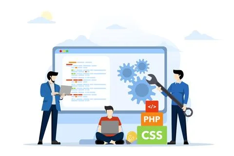 Web design concept and mobile app design with designer team, developer work. Stock Illustration