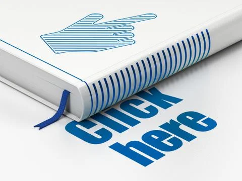 Web design concept: book Mouse Cursor, Click Here on white background Illustrazione stock
