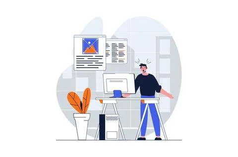 Web design concept with character scene. Man creating layouts and working w.. Illustrazione stock