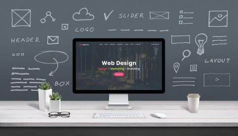 Web design concept with computer display, web theme and drawings of website,  Stock Photos