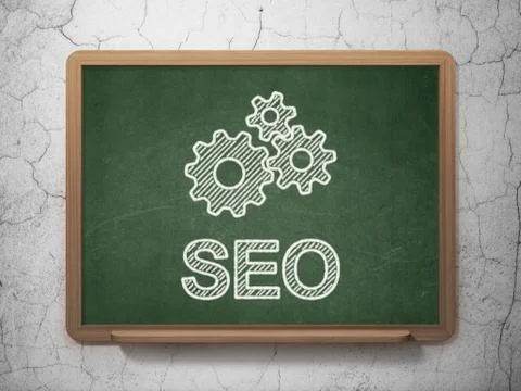 Web design concept: Gears and SEO on chalkboard background Illustrazione stock
