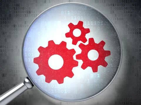 Web design concept: Gears with optical glass on digital backgro Ilustração Stock