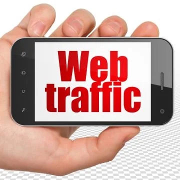 Web design concept: Hand Holding Smartphone with Web Traffic on display 스톡 일러스트
