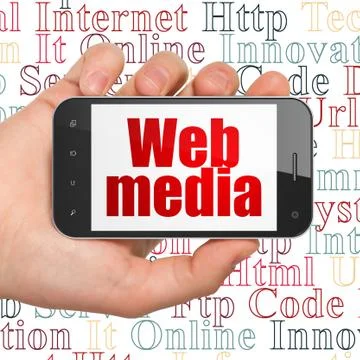 Web design concept: Hand Holding Smartphone with Web Media on display Ilustração Stock
