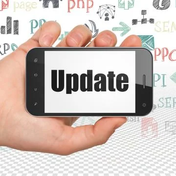 Web design concept: Hand Holding Smartphone with Update on display 스톡 일러스트
