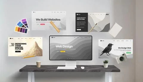 Web design concept with main screen, floating websites Stock Photos