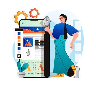 Web design concept in modern flat design. Woman designer creates interface Stockillustratie