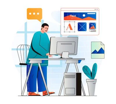 Web design concept in modern flat design. Man designer draws graphic elements Stock Illustration