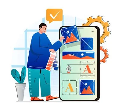 Web design concept in modern flat design. Man designer create and optimize 스톡 일러스트