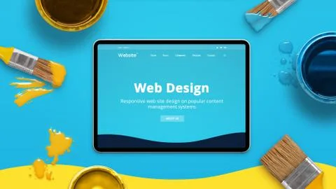 Web design concept with modern flat design theme on a thin tablet surrounded  Stock Photos