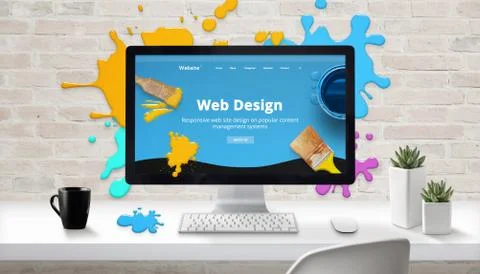 Web design concept. Modern web site on computer display surrounded by brush c Stock Photos