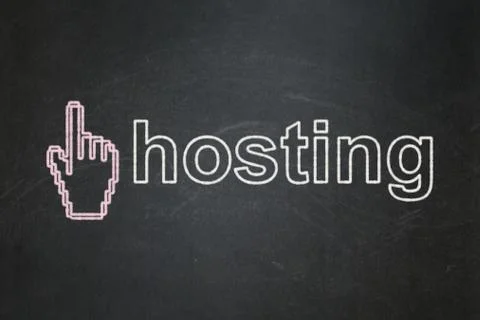 Web design concept: Mouse Cursor and Hosting on chalkboard background Illustrazione stock