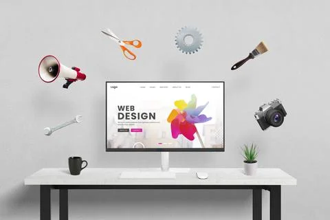 Web design concept page displayed on computer in studio Stockfoto's