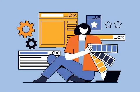 Web design concept with people scene in flat design. Woman designer creating  Illustrazione stock