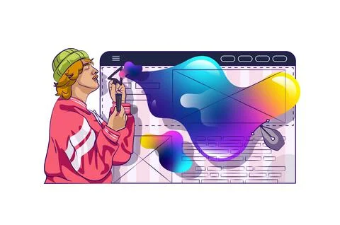 Web design concept with people scene in flat cartoon design for web. Man crea Stock Illustration