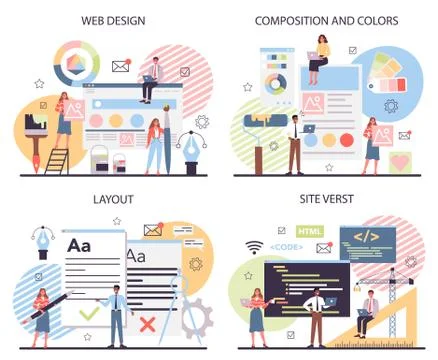 Web design concept set. Presenting content on web pages. Stockillustratie