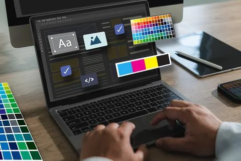 Web Design A developer designs a responsive web app with a modern layout, p.. Stockfoto's