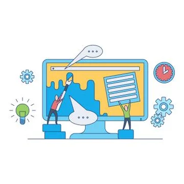 Web design development concept with team work on creating and filling site page. Stock Illustration