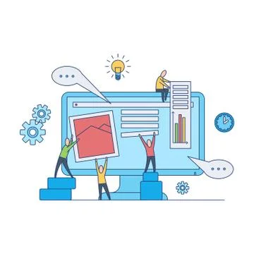 Web design development concept - web designers team work on creating and filling Stock Illustration
