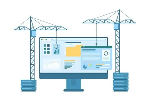 Web design development, construction cranes build webpage with UI and content Stock Illustration