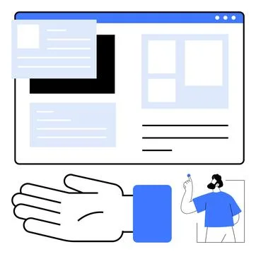 Web Design Elements with Interface Layout, Hand Gesture, and Portrait Illus.. Stock Illustration