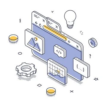 Web design elements such as images, code snippets, and graphs. Various icons  Illustrazione stock