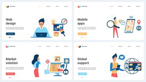 Web design, global mobile application support, market solutions set and tiny Stock Illustration