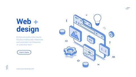 Web design internet page creation programming outline isometric banner design Stock Illustration