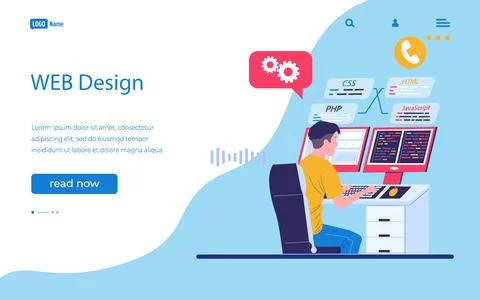 Web design landing page. Developer programming software. Man working at computer Stock Illustration